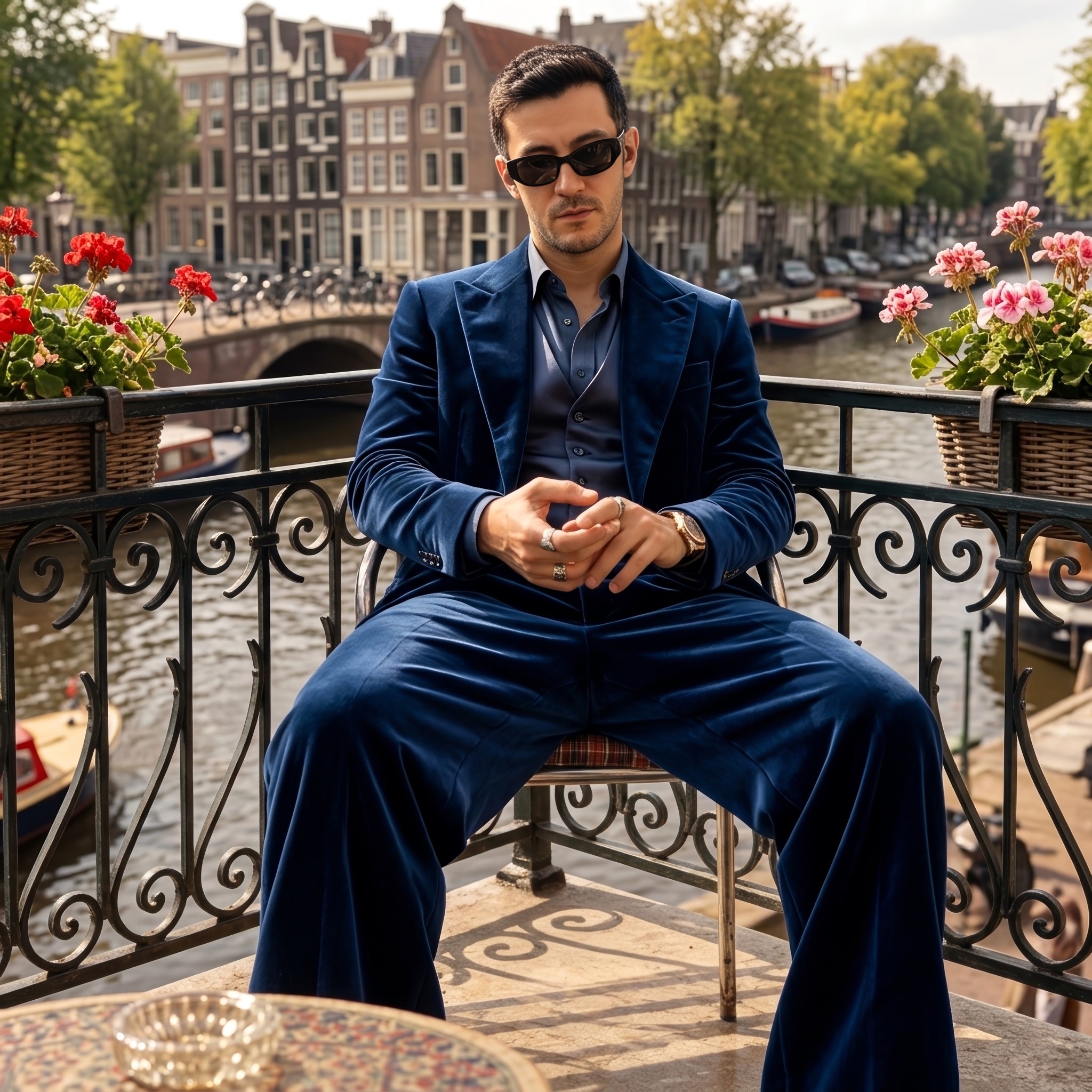 Saeed Sheikhi sitting beside an Amsterdam canal in a navy suit